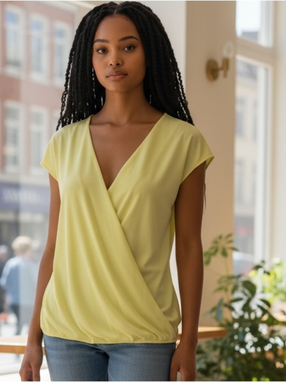 Halogen Wrap-Front Cap Sleeve Blouse in Light Yellow